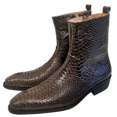 Men's Mid-Calf Boots Snake Print Shoes Leather Handmade
