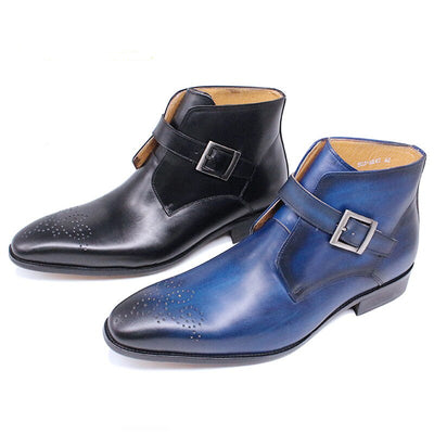 Ankle Boot Black Blue Buckle Strap Genuine Leather for Men