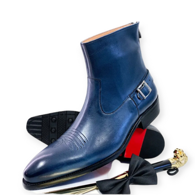 Men's Ankle Boots Zipper Mid-Calf Slip On Blue Leather