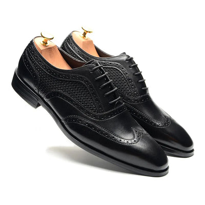 Men's Black Shoes Lace-up Ponited Toe Wingtip Leather Oxfords