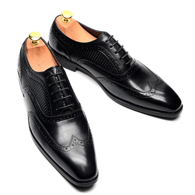 Men's Black Shoes Lace-up Ponited Toe Wingtip Leather Oxfords