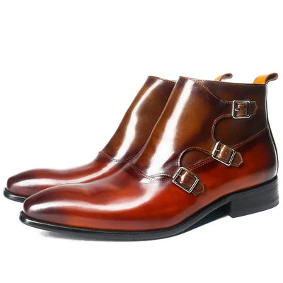 Ankle Boots Three Double Buckle Strap CowLeather For Men