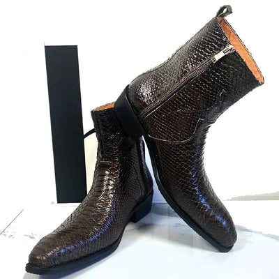 Men's Mid-Calf Boots Snake Print Shoes Leather Handmade