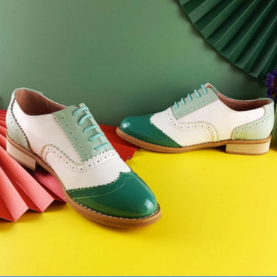 Ladie's Oxford Shoes Green White Shoes Leather Handmade