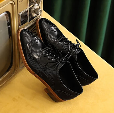 Black Shoes Oxford Vintage Handmade Genuine Leather For Ladies