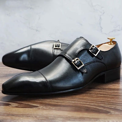 Black Shoes Double Monk Style Genuine Leather Handmade For Men