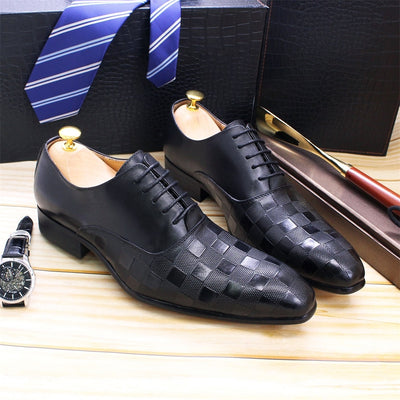 Wedding Shoes Fashion Plaid Print Genuine Leather Handmade For Men