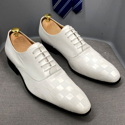 Wedding Shoes Fashion Plaid Print Genuine Leather Handmade For Men