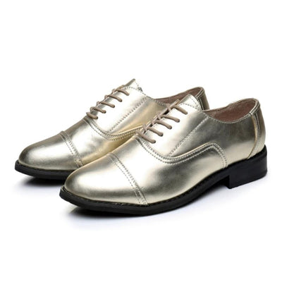 Women Leather Vintage Flats Shoes Gold Silver